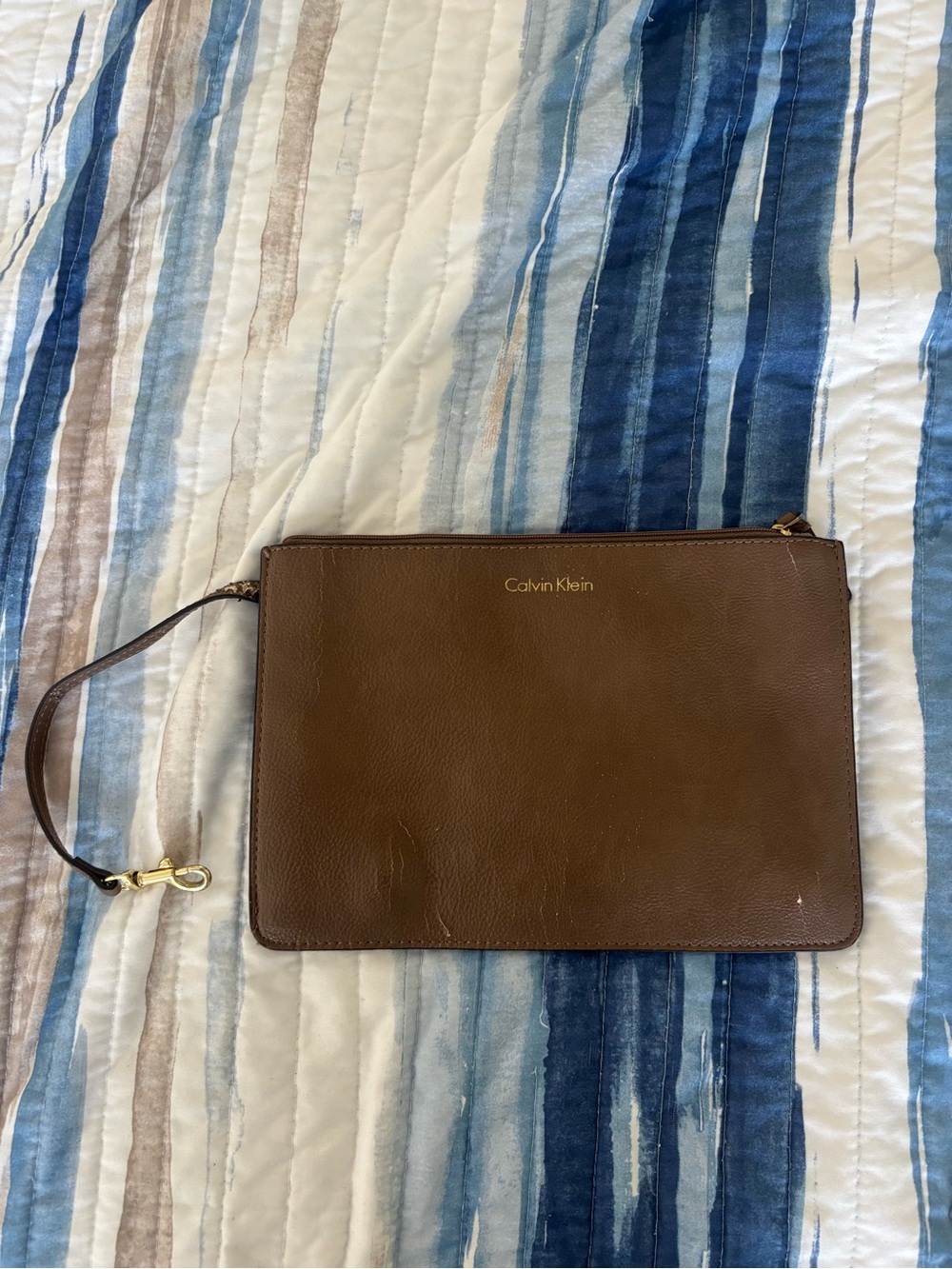 Calvin Klein Brown Leather Wristlet Pouch with Gold Logo